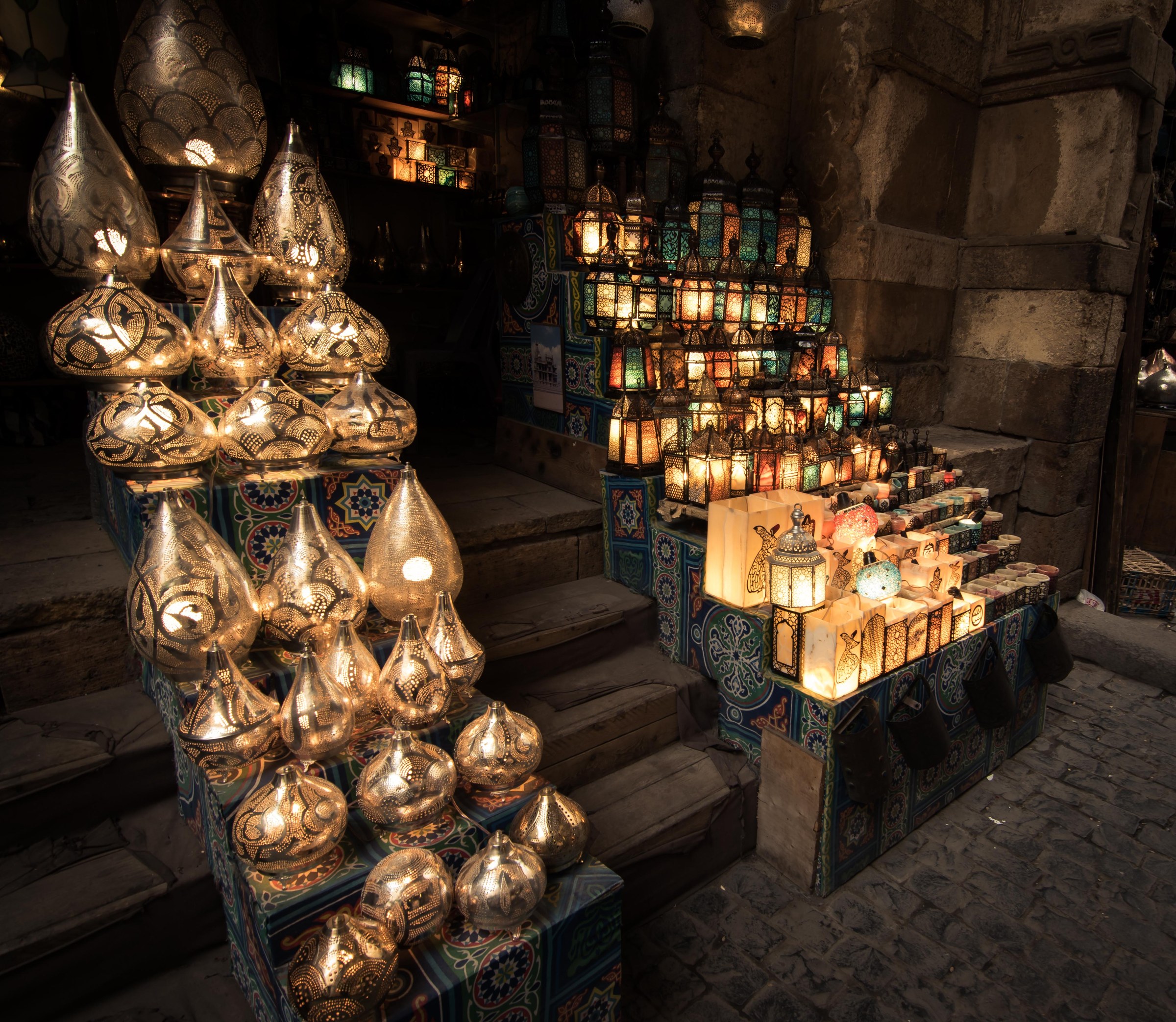 Glowing brass and coloured-glass lanterns in Khan el-Khalili bazaar, Cairo