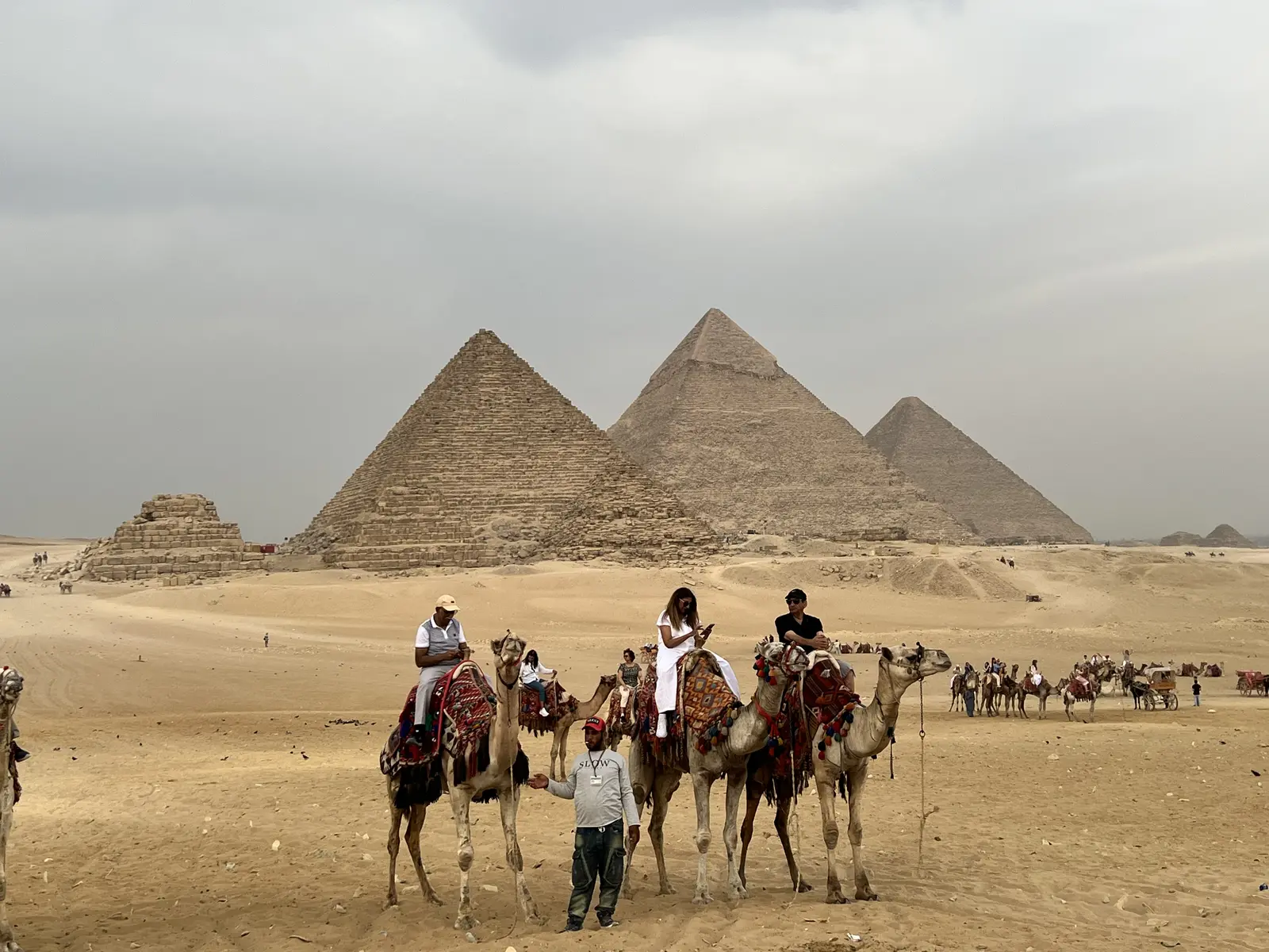Atenara guests riding camels with the Giza pyramids behind them