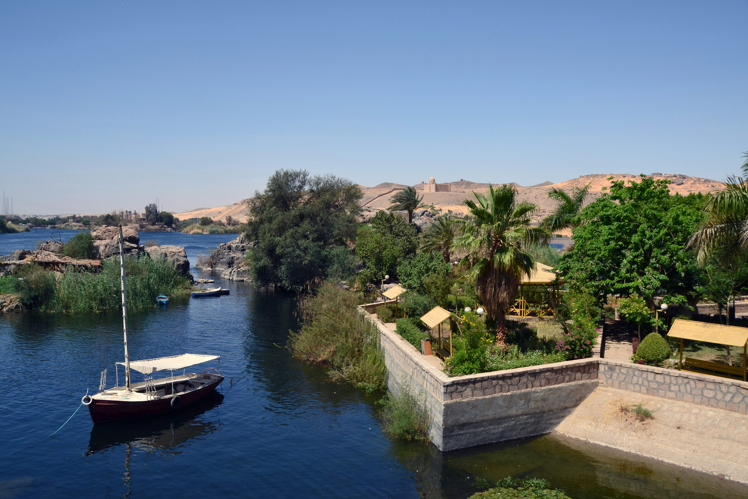 The palm-fringed shore of Kitchener's Island seen from the Nile