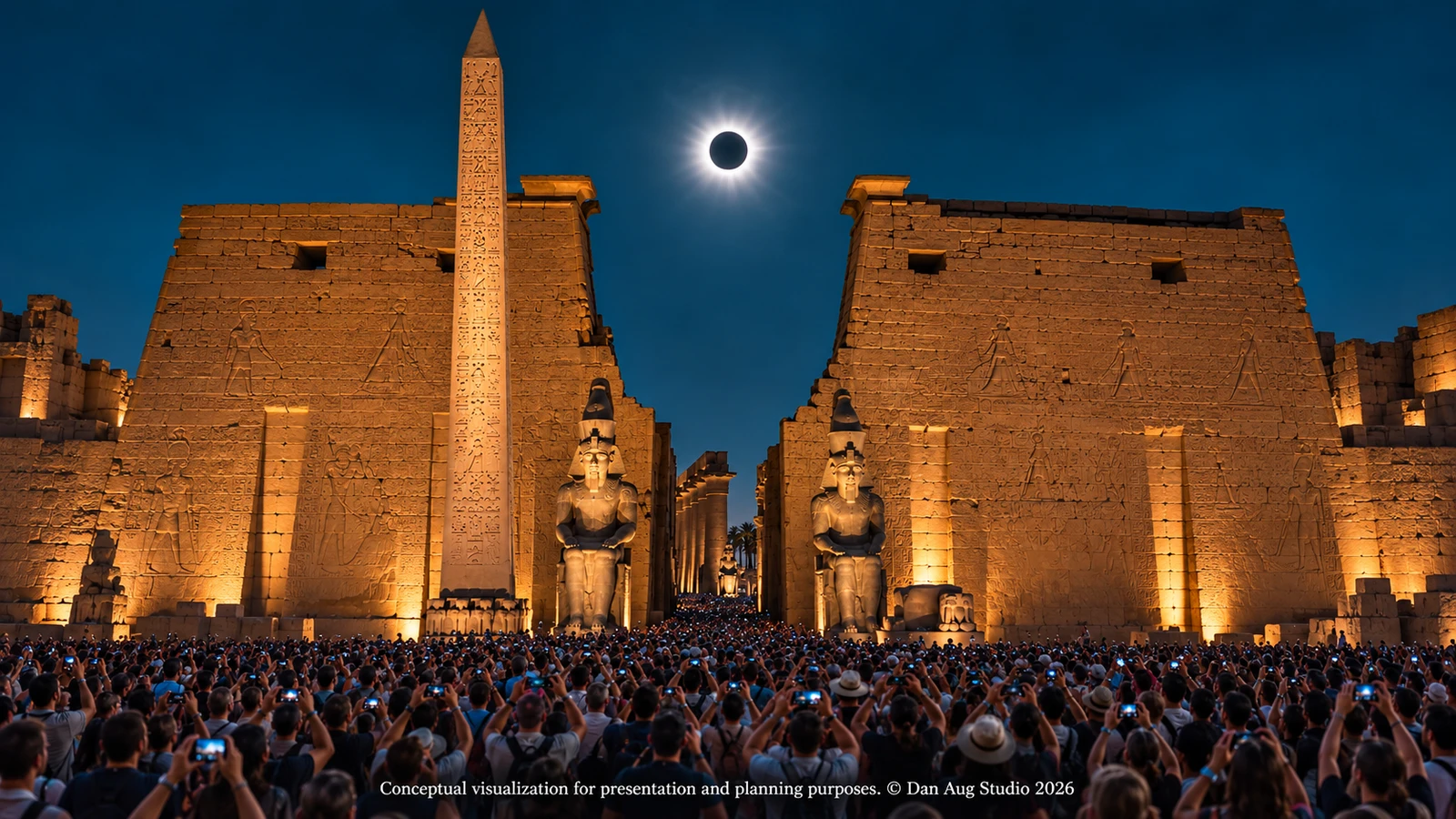 Conceptual visualization of a total solar eclipse above Luxor Temple and a crowd